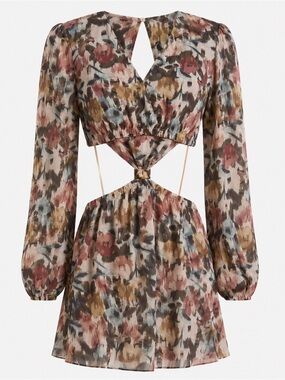 Long Sleeve Floral Cutout Mini Dress in Multi Taupe